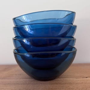 Vintage French Vereco Glass Bowls, Set Of Four Blue Glass Nibbles Bowls, Retro, France