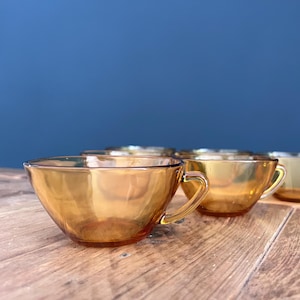 Set of 6 1970s Amber French Glass Espresso Cups, coffee set - vintage, retro Vereco 6 piece glass espresso mugs, tea, yellow glass