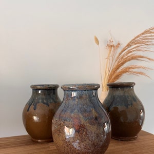 Set of Three Small Vintage Art Pottery Vases Handmade Glazed Blue and Brown