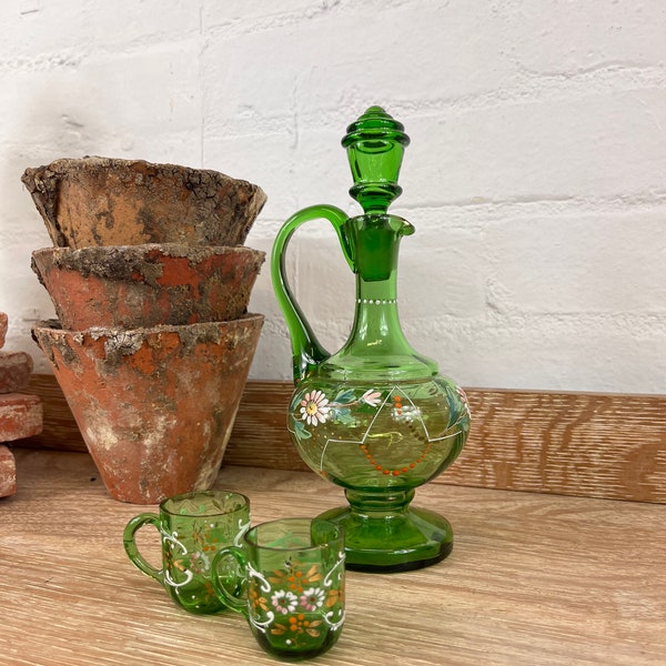 Antique French Hand Blown Green Glass Decanter with Two Matching Glasses, Hand Painted Vintage Retro Handmade