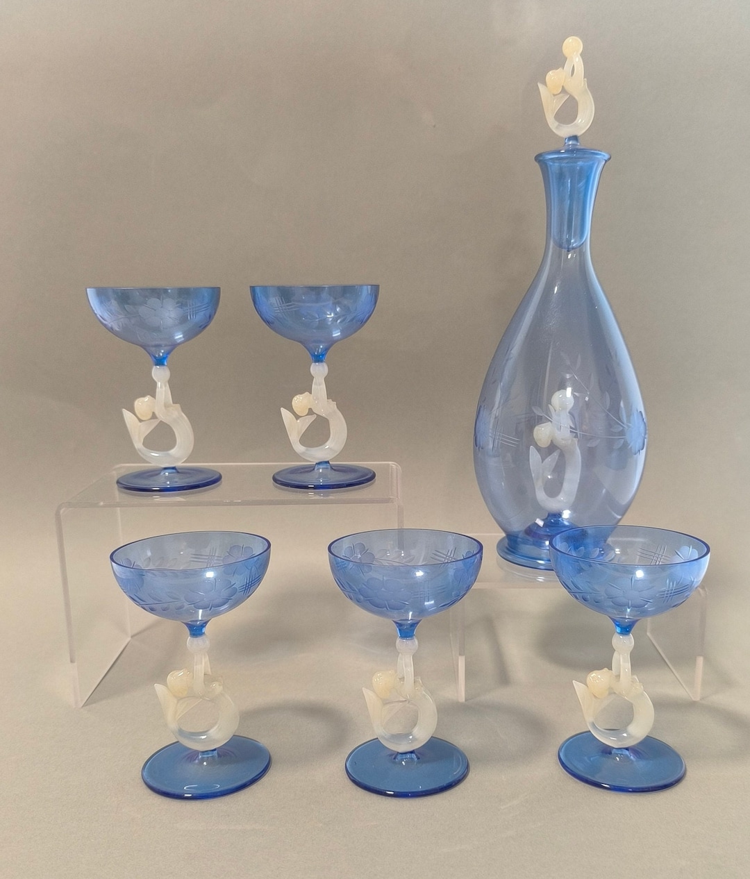 Lauscha Bimini Liqueur Set Glasses & Carafe Rare MCM Mermaid Fritz