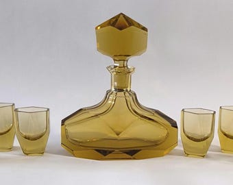 Free Shipping! Art Deco liqueur set amber / honey colored 1930 Bohemian glass carafe including glasses liqueur hand-picked Farmhouse Boho