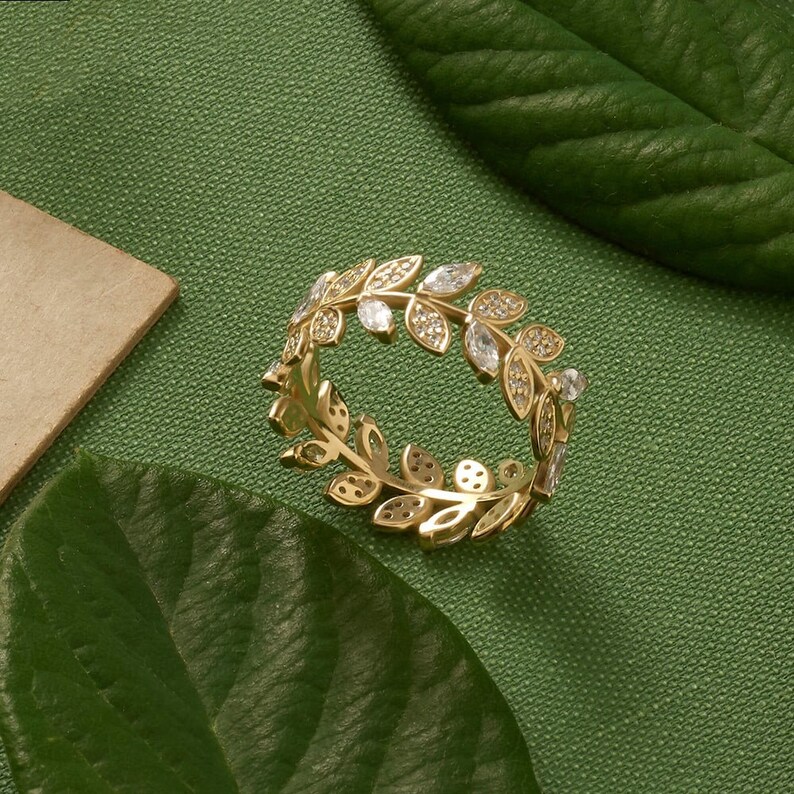 14k Solid Gold Leaf Pave Wedding Ring Olive Leaf Ring for Women Vine