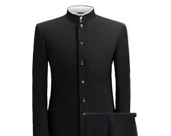 Handmade Black Cotton Ethnic Nehru Jacket, Mandarin Suit, Bandhgala Blazer, Wedding Suit, Ethnic Suit, Sherwani Jacket