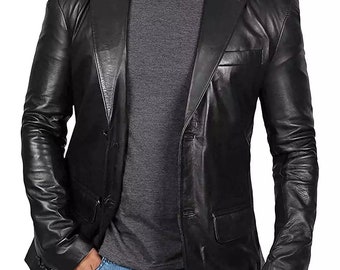 Men's Black Leather Blazer | Stylish Two Button Real Leather Jacket | Party Wear Blazer | Handmade Formal Wear Blazer For Men