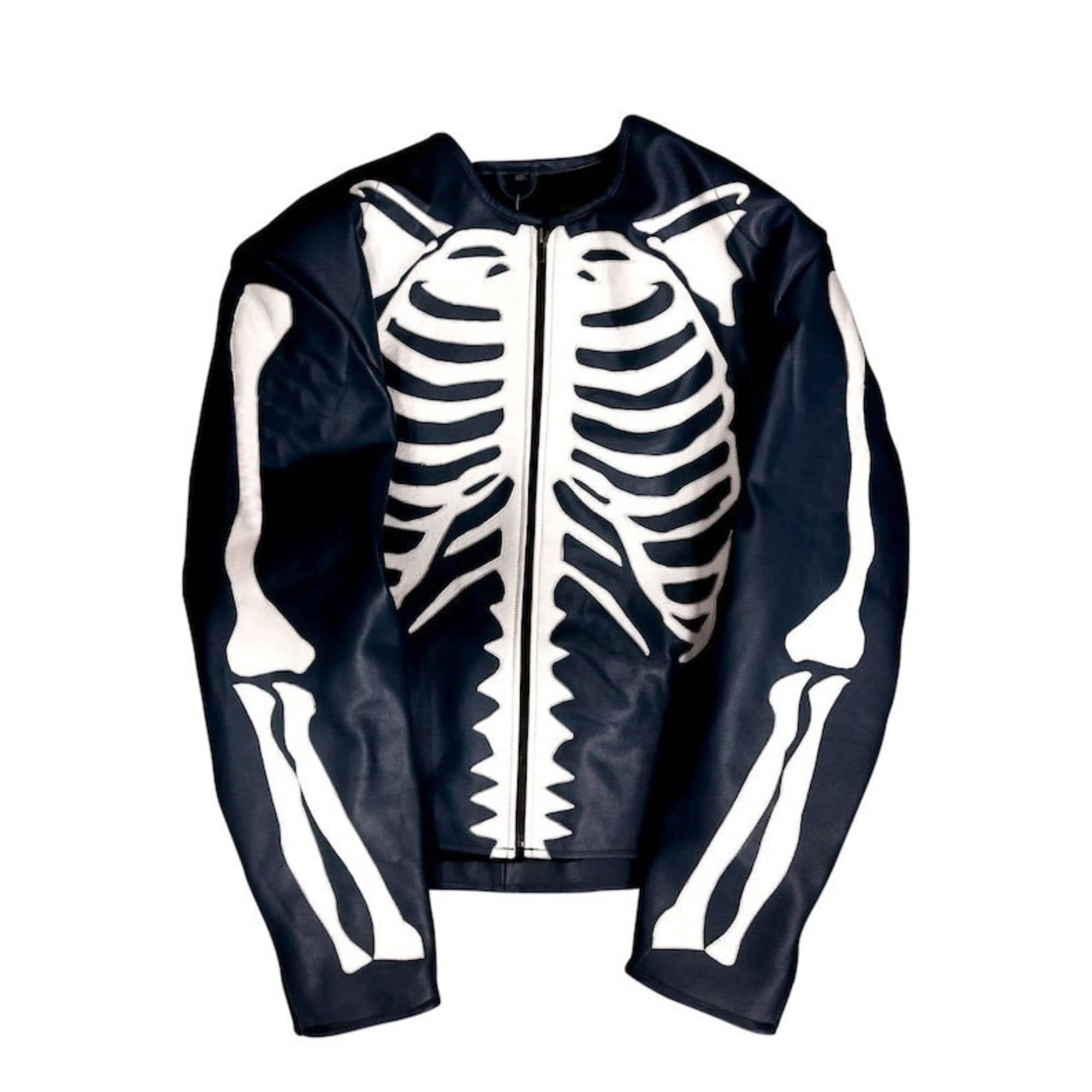 Men s Black White Leather Skeleton Biker Jacket Handmade Fully