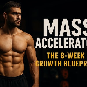 May include: A well-built man poses against a dark backdrop. The words "MASS ACCELERATOR" are in large white letters, with "THE 8-WEEK GROWTH BLUEPRINT" in smaller yellow text. The image is promoting a fitness program.