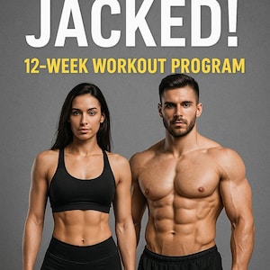 Puede incluir: Imagen de una mujer y un hombre con ropa deportiva. El texto "LEAN AND JACKED!" se muestra encima de "12-WEEK WORKOUT PROGRAM". El fondo es gris. La mujer lleva un sujetador deportivo y leggings negros. El hombre lleva pantalones cortos negros.