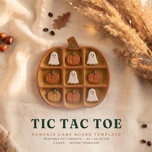 Op de afbeelding: Een pompoenvormig boter-kaas-en-eieren spelbord met negen vakjes met kleine witte spookjes en oranje pompoen speelstukken. De tekst luidt TIC TAC TOE PUMPKIN GAME BOARD TEMPLATE PRINTABLE PDF TEMPLATE A4 + US LETTER 3 SIZES INSTANT DOWNLOAD.