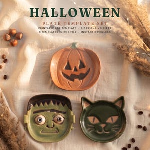 Może przedstawiać: Zestaw szablonów talerzy na Halloween zawierający trzy różne wzory: pomarańczową dynię, zieloną postać przypominającą Frankensteina oraz czarnego kota. Tekst głosi HALLOWEEN PLATE TEMPLATE SET, PRINTABLE PDF TEMPLATE, 3 DESIGNS, 3 SIZES, 9 TEMPLATES IN ONE FILE, INSTANT DOWNLOAD.