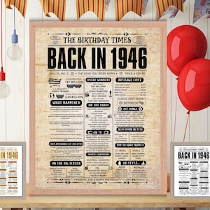 Back in 1946 Newspaper Birthday, 1946 Birthday Poster, Birth Gift Idea, Fun Facts, Party Decorations, Printable Digital Download JPG PDF.