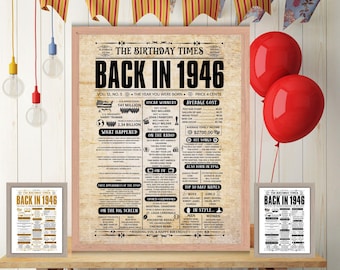 Back in 1946 Newspaper Birthday, 1946 Birthday Poster, Birth Gift Idea, Fun Facts, Party Decorations, Printable Digital Download JPG PDF.