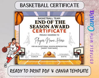 End of Season Basketball Award, End of Season Recognition, Canva Template, Award Ceremony Certificates, Basketball Gift, End of Season Gift.