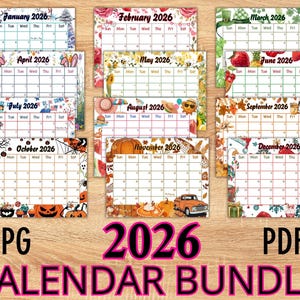 May include: A collection of twelve 2026 monthly calendars, each with a unique seasonal theme. The calendars are arranged in a grid, with the months of the year displayed. The image includes the text "JPG 2026 PDF CALENDAR BUNDLE."