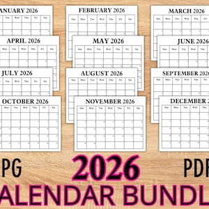 May include: A collection of printable 2026 calendars, each displaying a month from January to December. The calendars are in a simple, clean design with black text on a white background. The image also includes the text "JPG 2026 PDF CALENDAR BUNDLE".