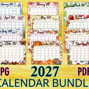 May include: A 2027 calendar bundle featuring twelve monthly pages with seasonal illustrations for each month, including winter, spring, summer, and autumn themes. The text JPG 2027 PDF CALENDAR BUNDLE is displayed at the bottom of the collection.