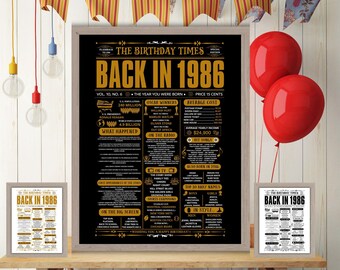 Gold Back in 1986 Newspaper, 1986 Birthday Poster, Birth Gift Idea, Fun Facts, Birthday Party Decorations, Printable Digital JPG PDF.