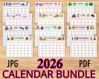Calendario infantil imprimible 2026, planificador mensual, lindo planificador mensual imprimible para niños, escuela, trabajo, hogar y oficina, descarga PDF JPG.
