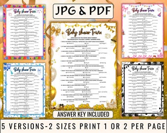 May include: A collection of baby shower trivia game sheets in five different versions, each with a unique decorative border. The text "Baby Shower Trivia" is at the top of each sheet. The image also includes the text "JPG & PDF", "Answer Key Included", and "5 Versions - 2 Sizes Print 1 or 2 Per Page".