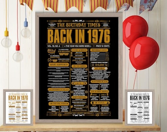 Periódico Gold Back de 1976, póster de cumpleaños de 1976, idea de regalo de nacimiento, datos curiosos, decoraciones para fiestas de cumpleaños, JPG digital imprimible en PDF.