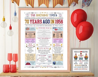 70th Birthday Newspaper 1956, Back in 1956 Newspaper Fun Facts, 70 Years Birthday, Birth Gift Idea for 70 Year Old, Printable JPG PDF.