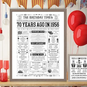 70th Birthday Newspaper 1956, Birth Gift Idea for 70 Year Old, Back in 1956 Newspaper Fun Facts, 70 Years Birthday, Printable JPG PDF.