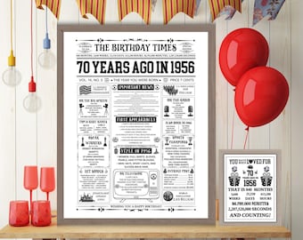 70th Birthday Newspaper 1956, Birth Gift Idea for 70 Year Old, Back in 1956 Newspaper Fun Facts, 70 Years Birthday, Printable JPG PDF.
