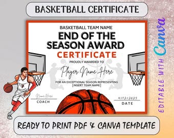 End of Season Recognition, End of Season Basketball Award, Canva Template, Award Ceremony Certificates, Basketball Gift, End of Season Gift.