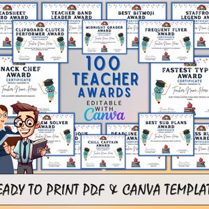 100 Funny Editable Teacher Awards Certificates, Teacher Appreciation Week, Canva Template, Teacher Gift, School Gift, End of Year Gift.
