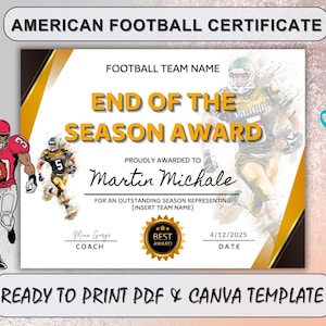 End of Season Football Award Certificate | Editable Canva Template | Printable Sports Team Certificate | Youth Football Gift | Student Gift.