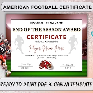 Football Award Certificate | Editable Canva Template | Printable Sports Team Certificate | End of Season Football Award