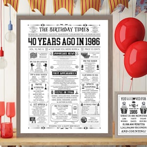 Periódico del 40 cumpleaños de 1986, Idea de regalo de cumpleaños para una persona de 40 años, Datos curiosos del periódico de 1986, Cumpleaños de 40 años, JPG PDF imprimible.