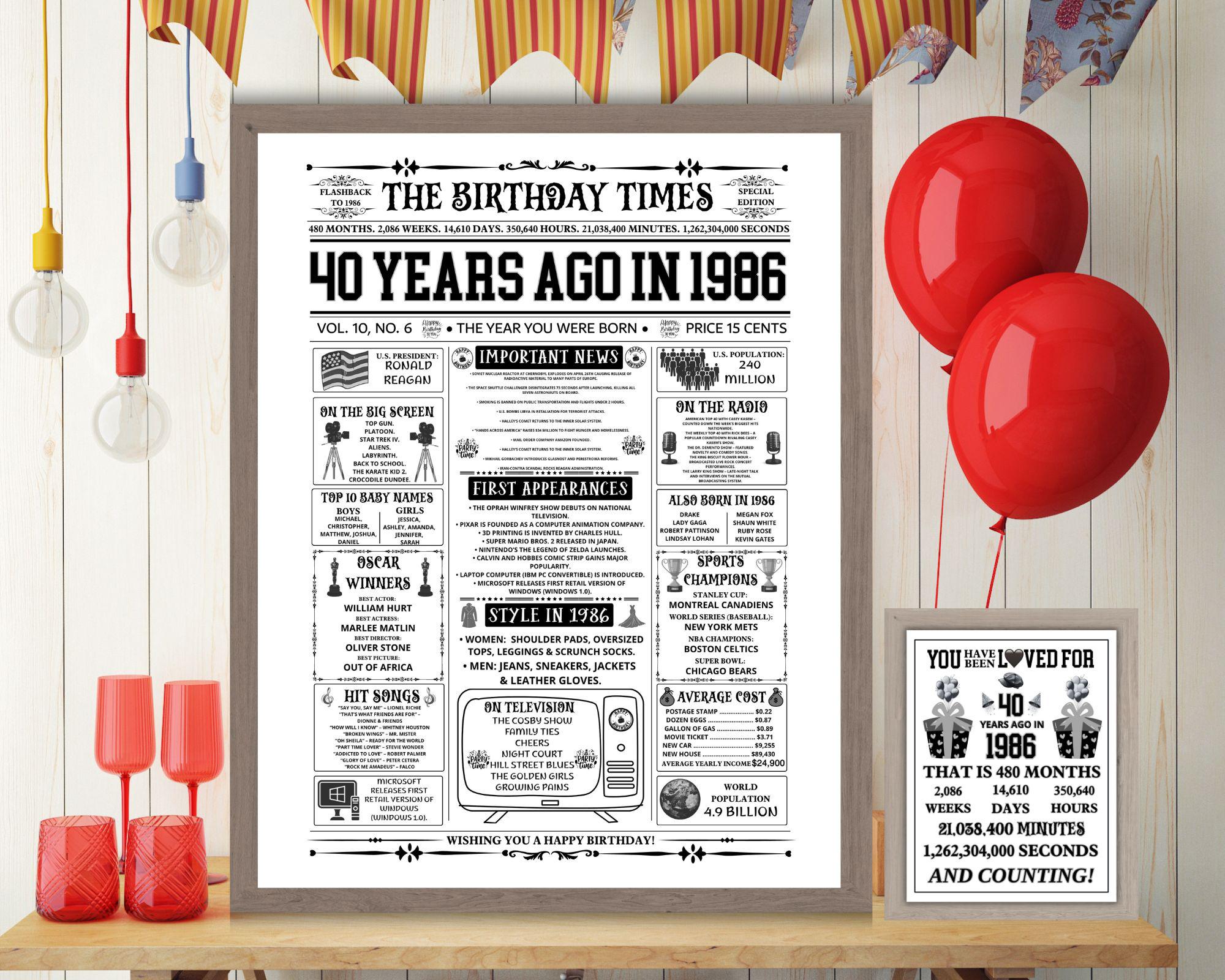 40th Birthday Newspaper 1986, Birth Gift Idea for 40 Year Old