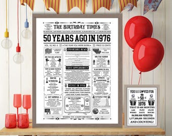 Periódico del 50 cumpleaños de 1976, Idea de regalo de cumpleaños para una persona de 50 años, Datos curiosos del periódico de 1976, Cumpleaños de 50 años, JPG PDF imprimible.