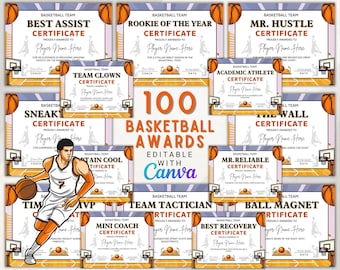 100 Basketball Awards, Editable Basketball Award Certificate, Canva Template, End of Season Gift, Basketball Team Party.