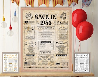 Back in 1986 Newspaper, Birthday Poster, in the Year 1986 Birthday Gift, Fun Facts, Party Decorations, Printable Digital Download JPG PDF.