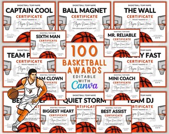 Basketball Awards, Canva Template, Editable Basketball Award Certificate, End of Season Gift, Basketball Team Party.