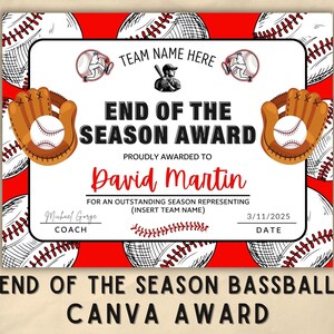 Editable Canva Template | End of Season Baseball Award Certificate | Printable Sports Team Certificate | Youth Baseball Gift, Student Gift.