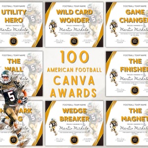 100 Editable Canva Templates | Football Award Certificate Bundle | American Football Certificates PDF | Printable Youth & Team Awards.