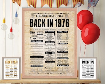Cumpleaños de periódico de 1976, póster de cumpleaños de 1976, idea de regalo de nacimiento, datos curiosos, decoraciones para fiestas, descarga digital imprimible en formato JPG y PDF.
