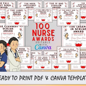 100 Funny Editable Nurse Awards Certificates, Nursing Awards Funny, Printable Nurse Awards, Canva Template, Funny Superlatives, Nurse Gift.