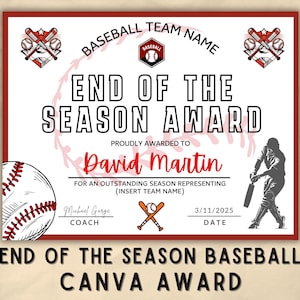 End of Season Baseball Award Certificate | Editable Canva Template | Printable Sports Team Certificate | Youth Baseball Gift.