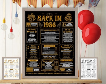 Back in 1986 Golden Newspaper, Fun Facts, 1986 Birth Gift Idea for Men or Women, Birthday Decorations, Printable Digital Download JPG PDF.