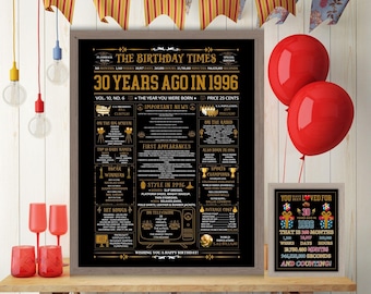 Periódico del 30.º cumpleaños de 1996, datos curiosos del periódico Gold Back in 1996, 30.º cumpleaños, idea de regalo de nacimiento para alguien de 30 años, JPG y PDF imprimible.