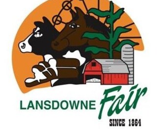 May include: Lansdowne Fair logo featuring a red barn, a corn stalk, a brown horse, and a black and white cow against an orange sunset.