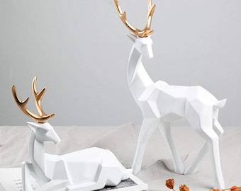 Set of 2 Resin Deer Statues - Elegant Reindeer Figurines for Living Room, Office, & Shelf Decor.