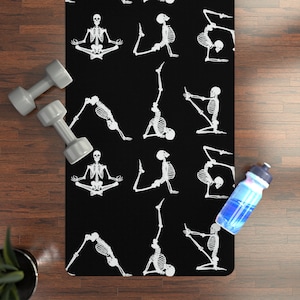Skeleton Rubber Yoga Mat; Fitness Mat; Black Gothic Om