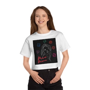 Dice Dame Champion Women&#39;s Heritage Cropped T-Shirt for Gamers and DnD Fans; Dungeons and Dragons Apparel