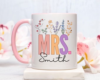 Personalized Wildflowers Mrs Mug, Personalized Mrs Gift, Wedding Gift, Custom Gift For Bride Mug, Bridal Shower Gift, Bride To Be Mug