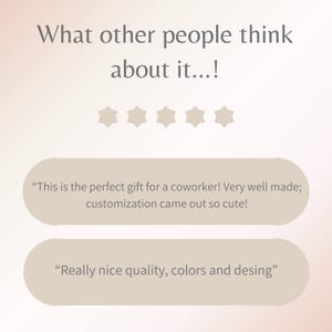 May include: A light beige graphic with the text "What other people think about it...!". Below are five star icons and two customer reviews. The first review says, "This is the perfect gift for a coworker! Very well made; customization came out so cute!"